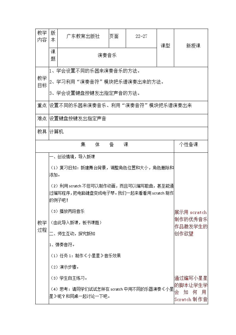 第3课演奏音乐（教案） 信息技术粤教版（表格式）01