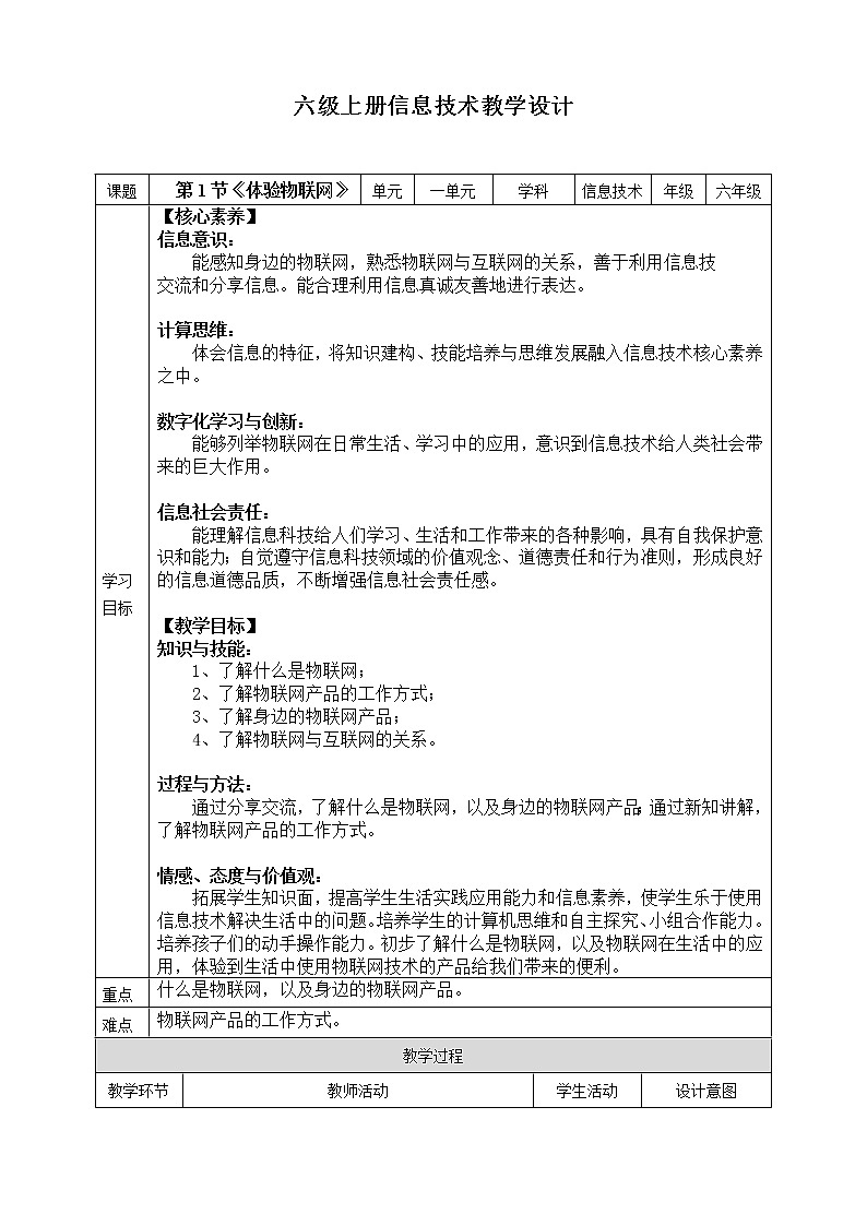 （新课标）新川教版六年级上册信息技术1.1《体验物联网》教案第1页