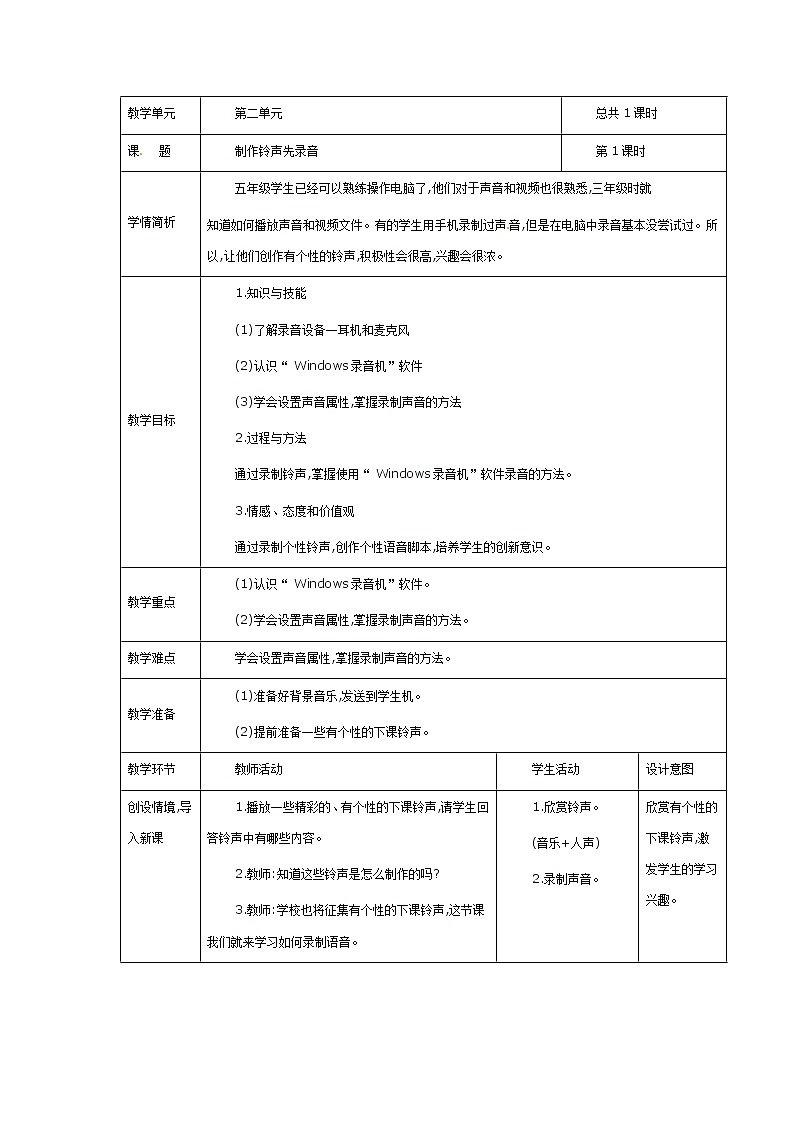 电子工业版(安徽)五下 第5课 制作铃声先录音 教案01