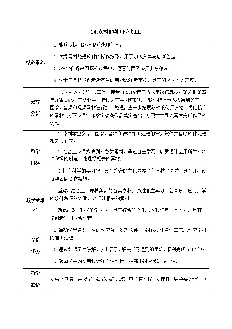 青岛版六年级下学期信息技术第14课素材的处理和加工（教案）第1页