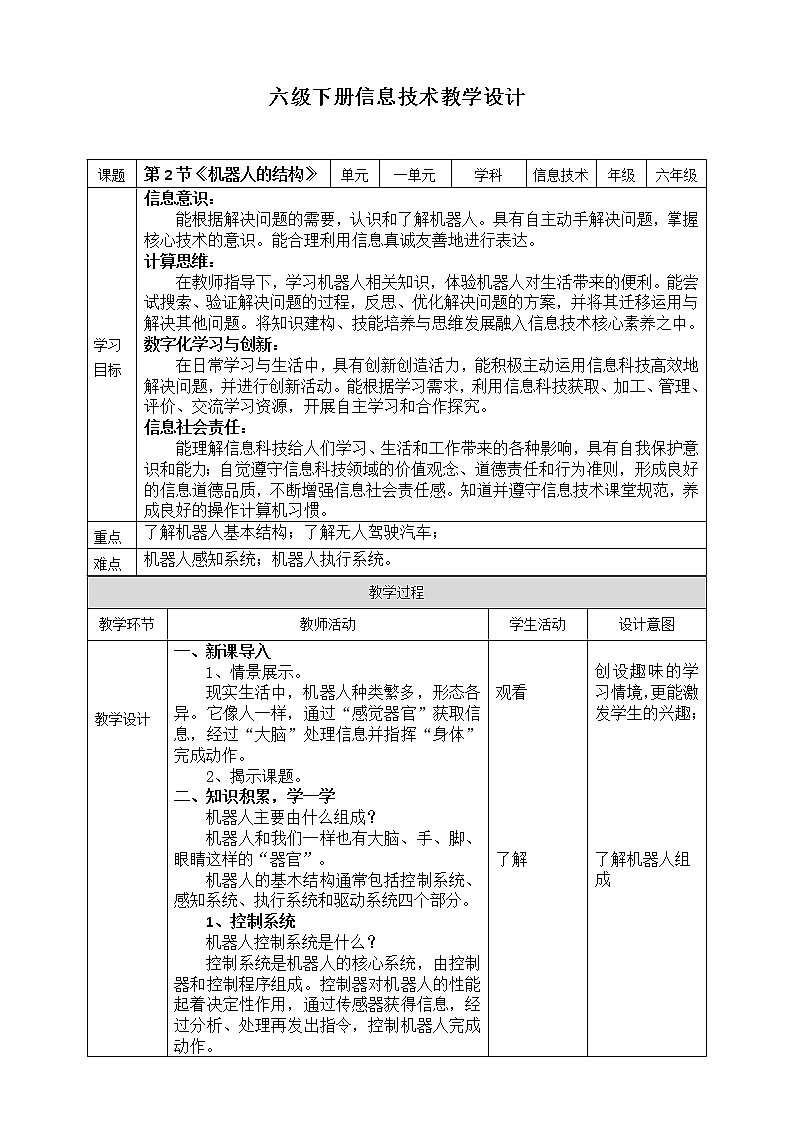川教版信息技术六下 1.2《机器人的结构》 教案第1页