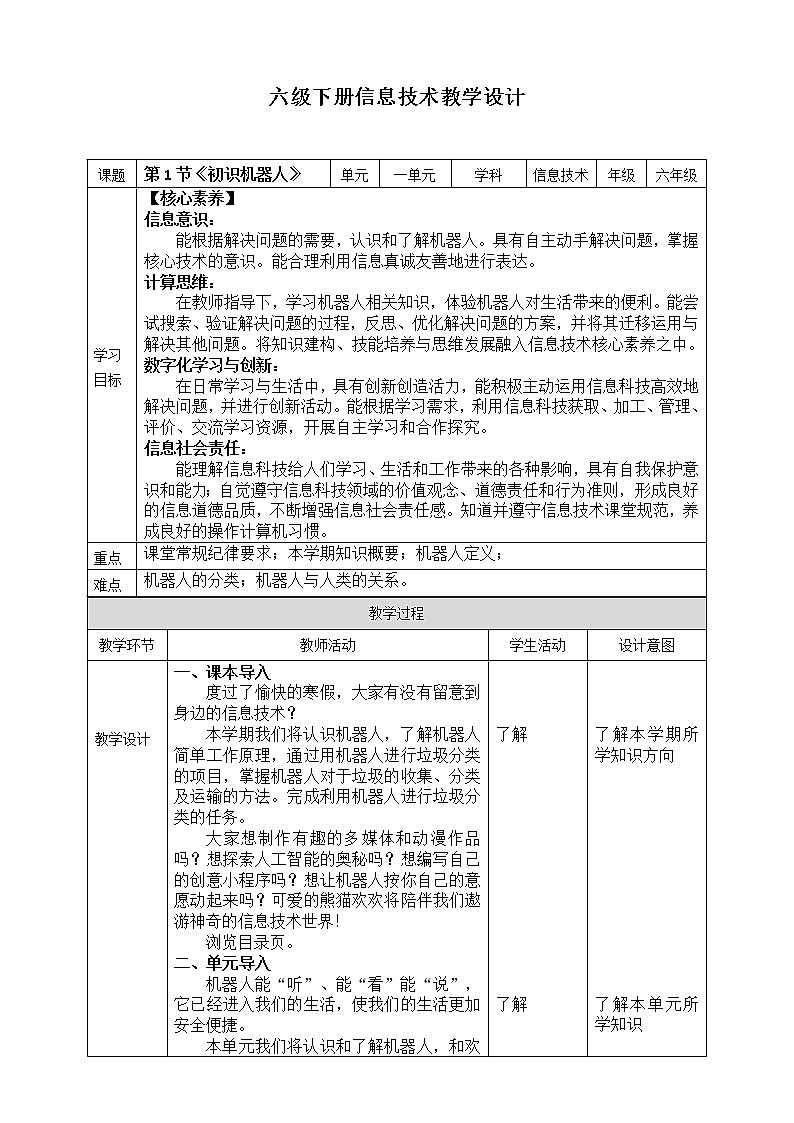 川教版信息技术六下 1.1《初识机器人》 教案第1页