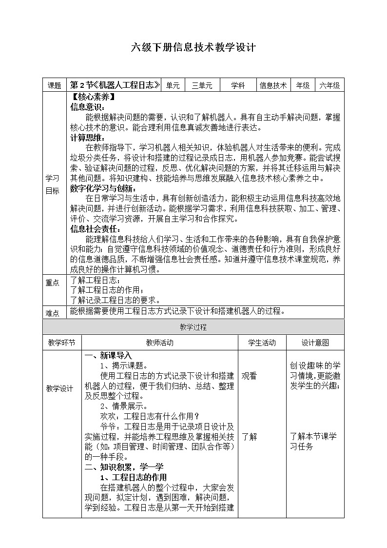 新川教版信息技术六下 3.2《机器人工程日志》 教案第1页