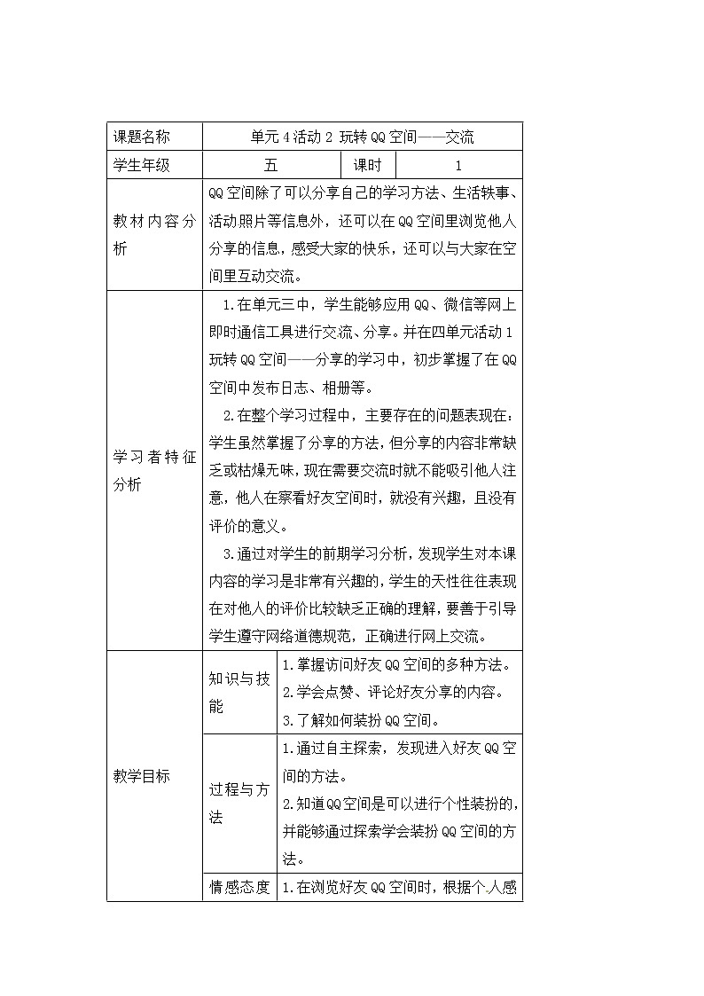 第4单元 我来秀一秀——QQ空间、微博的使用 活动2 玩转QQ空间——交流 教案第1页