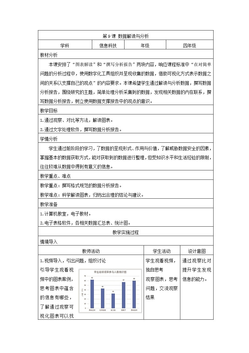 浙教版(2023)信息技术四年级上册 第9课 数据解读与分析 教学设计01
