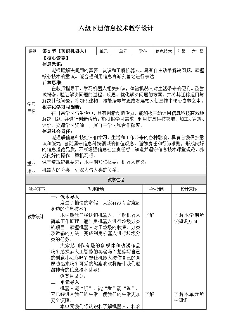 【新课标】六年级下册信息技术1.1《初识机器人》川教版第1页