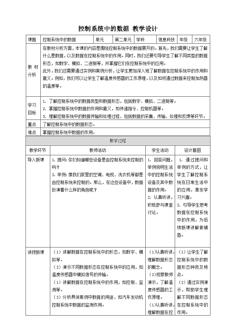【大单元整体教学】浙教版（2023） 小学信息技术 六年级下册 第5课 控制系统中的数据 教案（5份）01