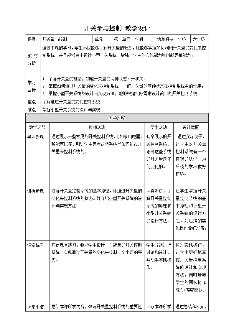 【大单元整体教学】浙教版（2023） 小学信息技术 六年级下册 第10课 开关量与控制 教案（5份）01