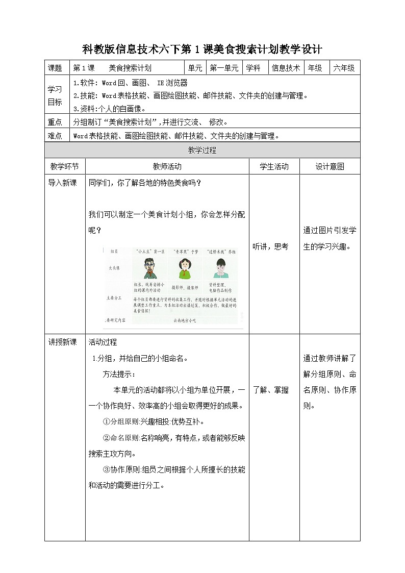 六下教科版 第1课 美食搜索计划 教案第1页