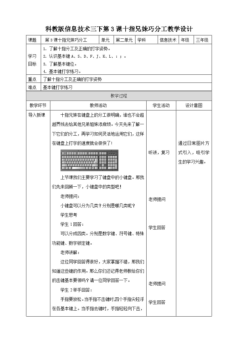教科版（云南）三年级下册信息技术第3课 十指兄妹巧分工 教案01