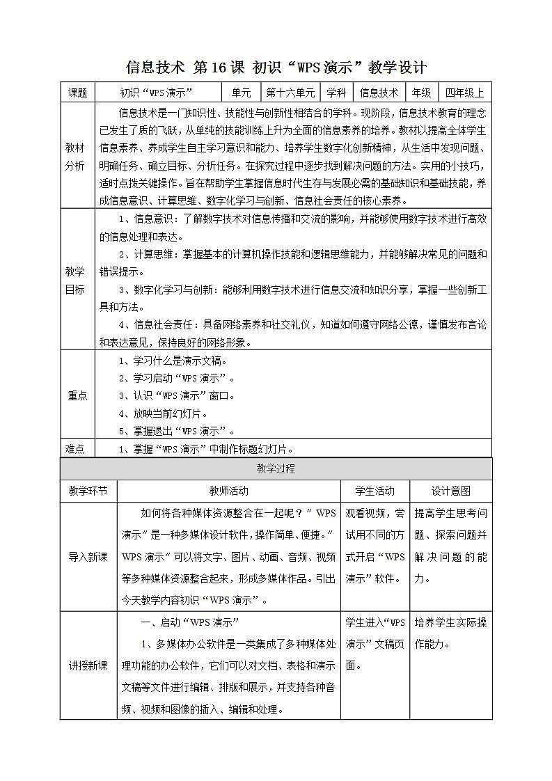 【核心素养目标】黔教版信息技术四上 第16课《初识“WPS演示”》课件+教案+素材01