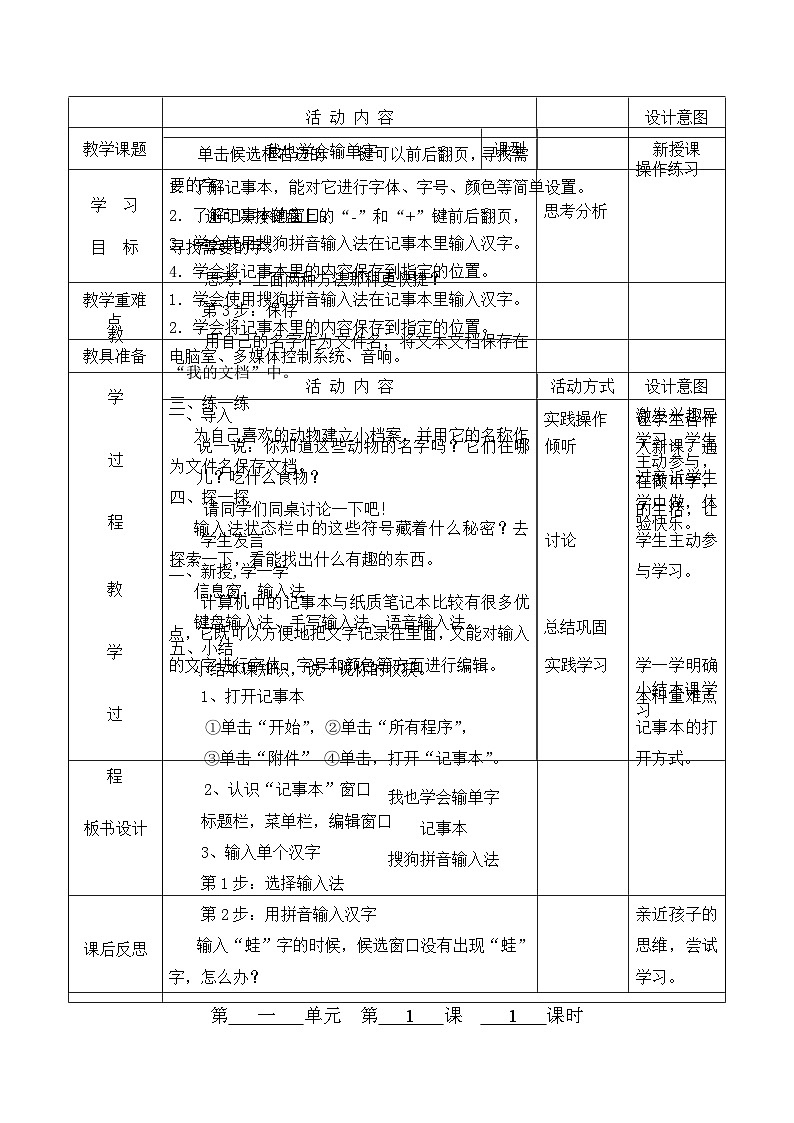 小学信息技术重庆大学出版社第八版三年级下册 第1课《我也学会输单字》教案第1页