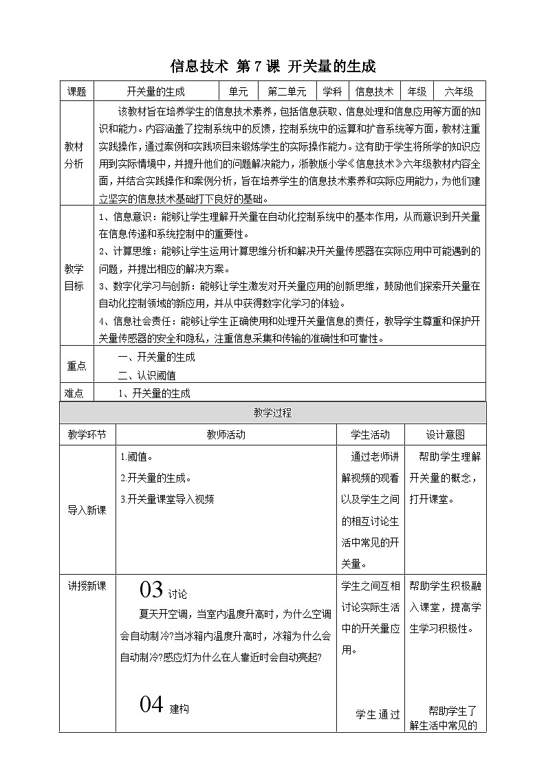 【浙教版】六下信息技术  第7课 开关量的生成（课件+教案+练习+视频）01