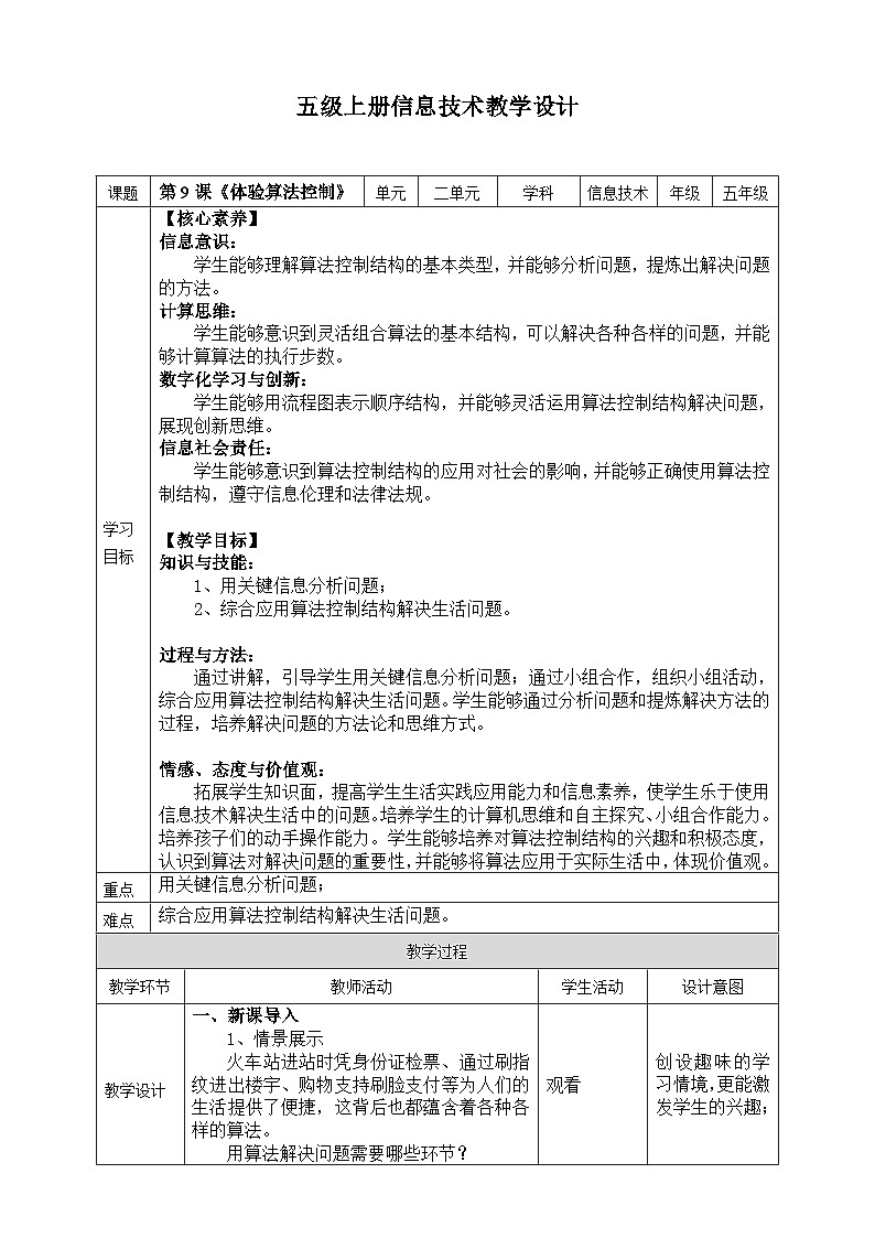 【新课标核心素养】浙教版（2023）信息技术五上9《体验算法控制》课件+教案01
