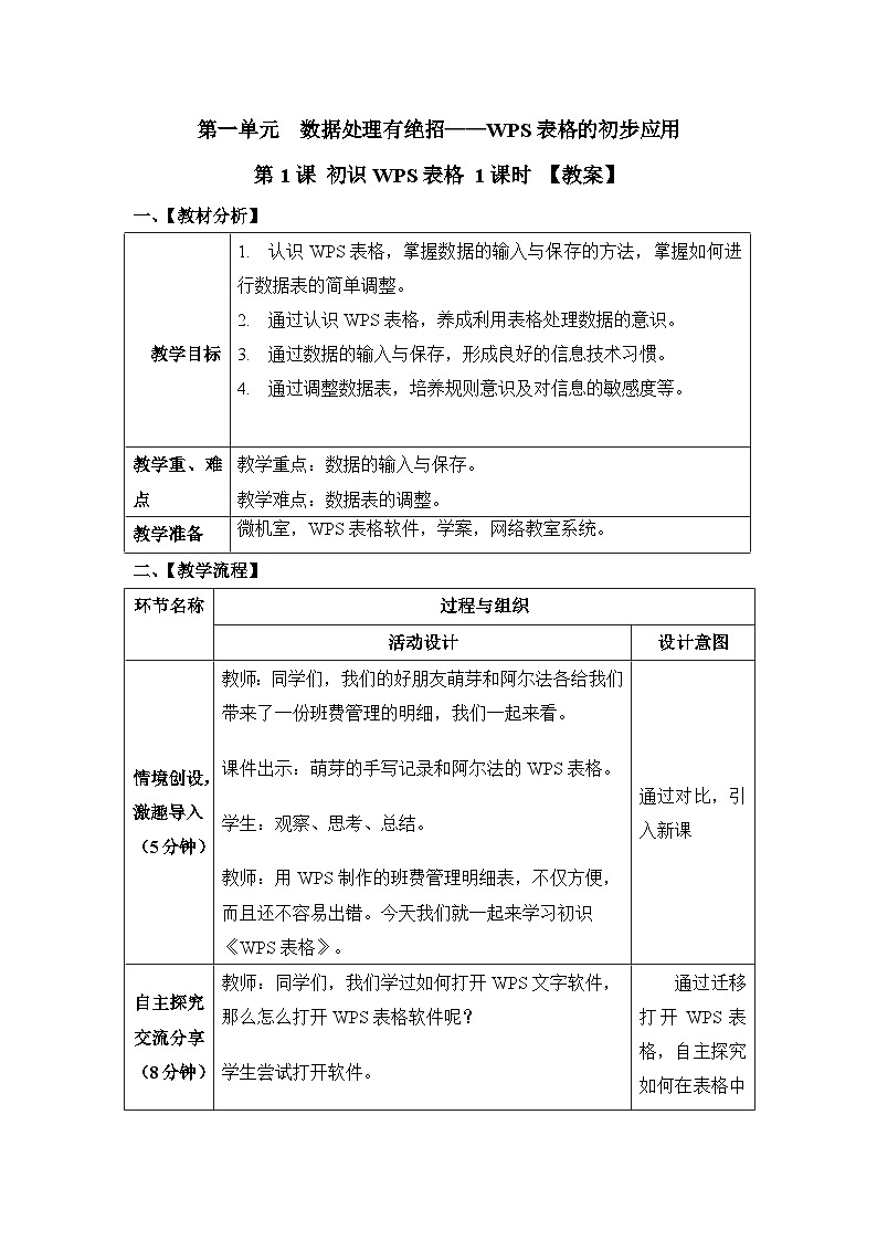 第1课《初识WPS表格》精品教案第1页