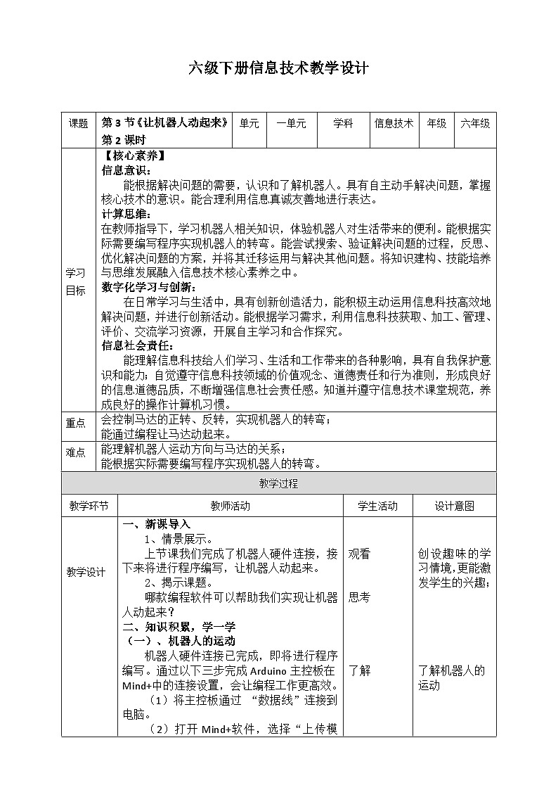 【新课标】六年级下册信息技术1.3《让机器人动起来》第2课时川教版 教案第1页