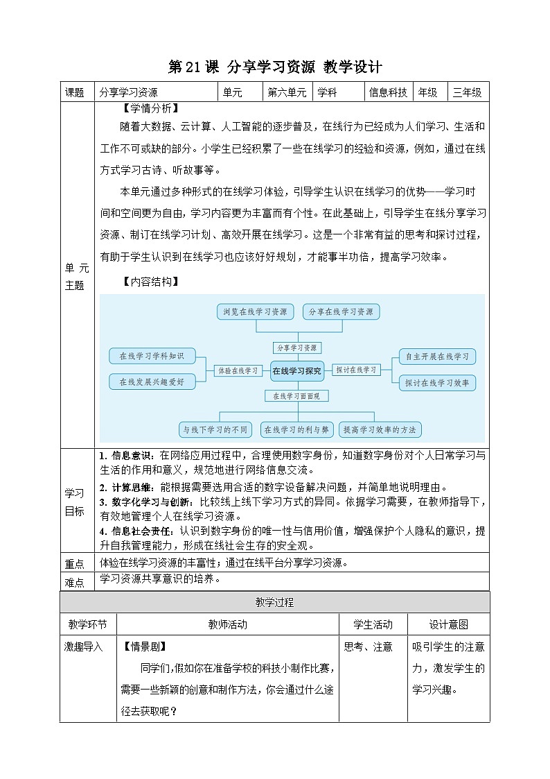 义务教育版三年级全一册信息科技 第21课  分享学习资源 教案第1页