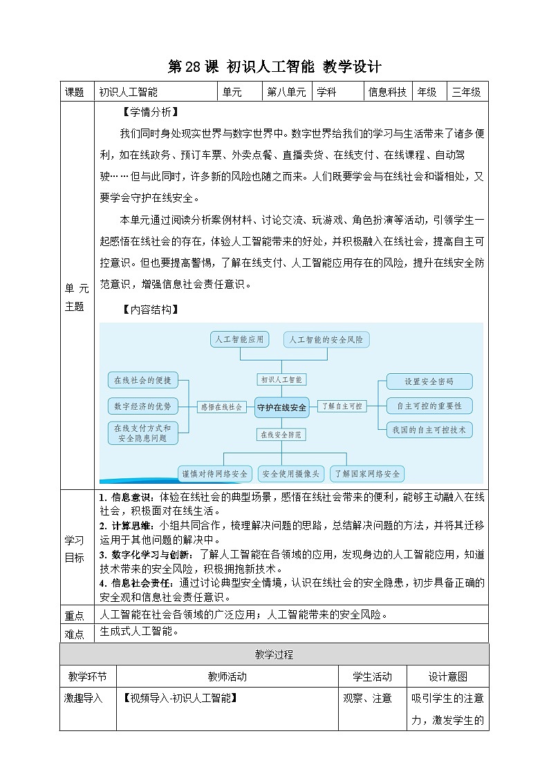 义务教育版（2024）三年级信息科技 第28课  初识人工智能 教案第1页