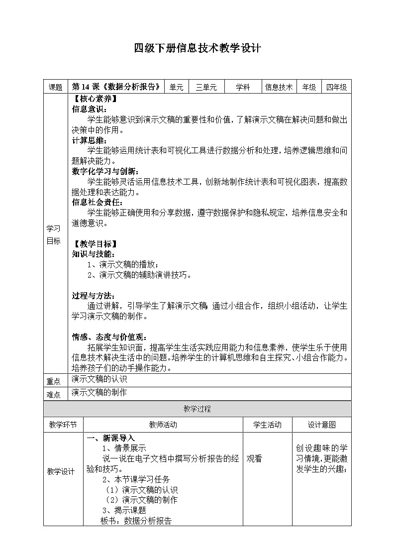 【核心素养目标】四年级下册信息技术第三单元第14课《数据分析报告》浙教版2023第1页