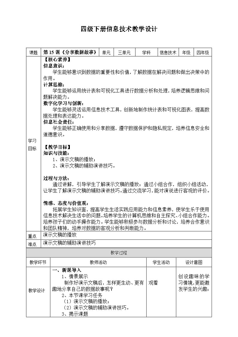 【核心素养目标】四年级下册信息技术第三单元第15课《分享数据故事》浙教版2023第1页