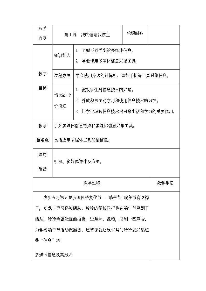 南方版五年级信息技术下册 第1课 我的信息我做主 教案（表格式）第1页