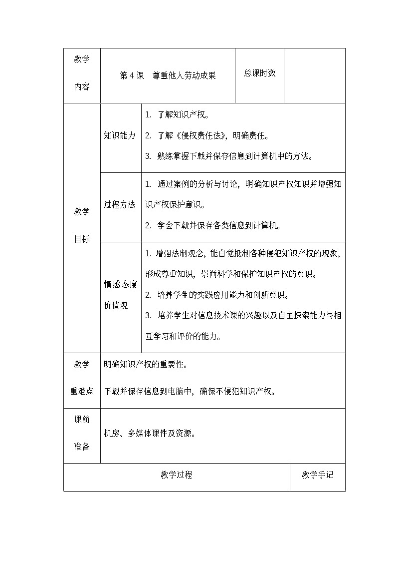 南方版五年级信息技术下册 第4课 尊重他人劳动成果 教案（表格式）第1页