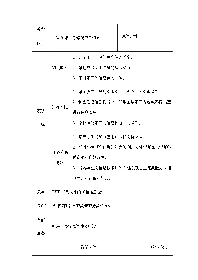 南方版五年级信息技术下册 第5课 存储端午节信息 教案（表格式）第1页