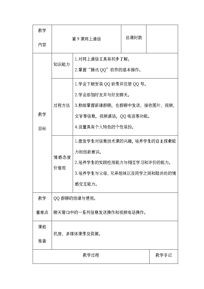 南方版五年级信息技术下册 第9课 网上通信 教案（表格式）第1页