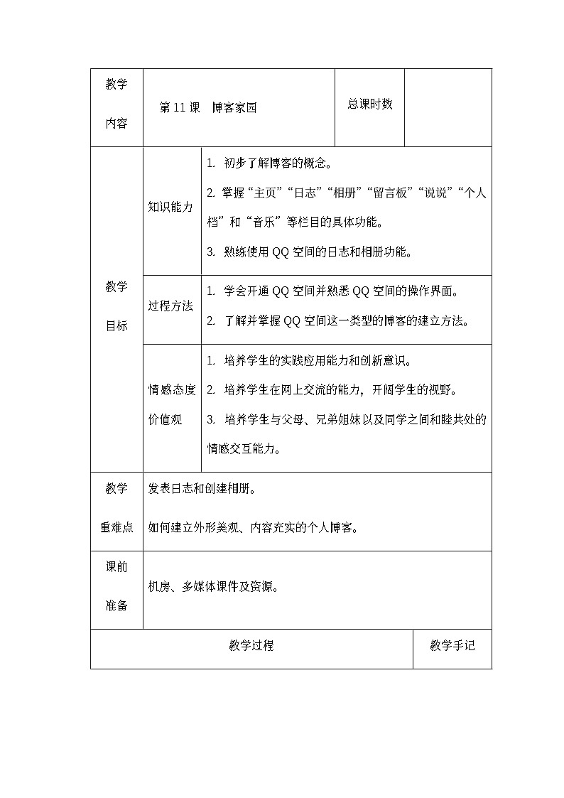 南方版五年级信息技术下册 第11课 博客家园 教案（表格式）第1页