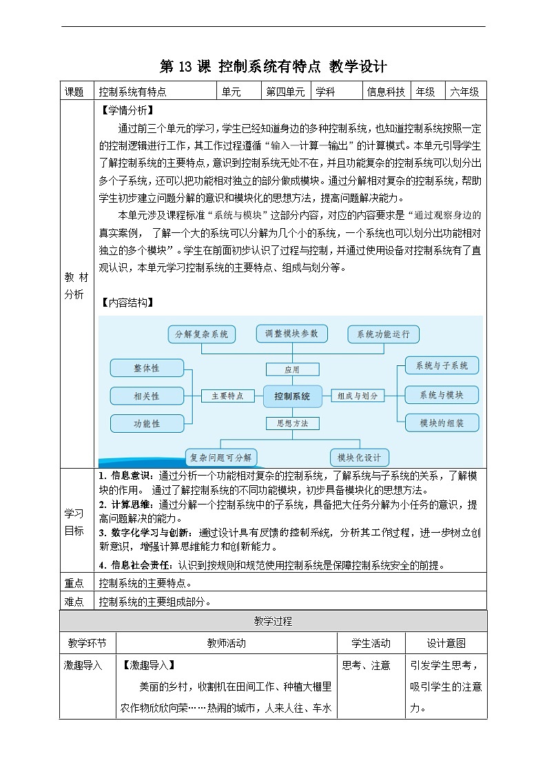 义务教育版（2024）六年级全一册信息科技 第13课  控制系统有特点 教案第1页
