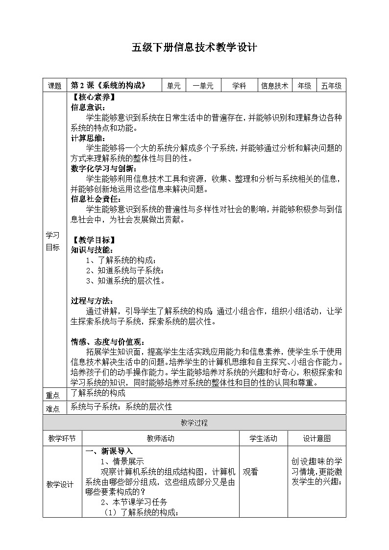 【核心素养目标】五年级下册信息技术第一单元第二课《系统的构成》浙教版2023教案第1页