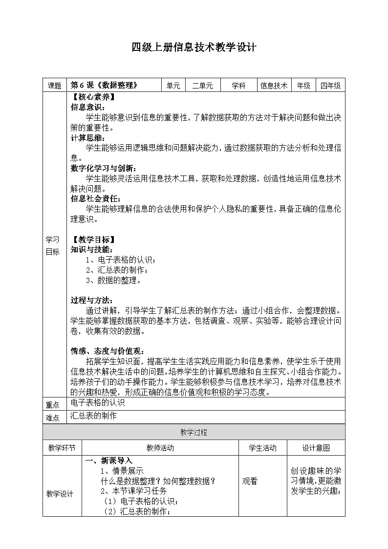 【核心素养目标】四年级上册信息技术第二单元第6课《数据整理》浙教版2023 教案第1页