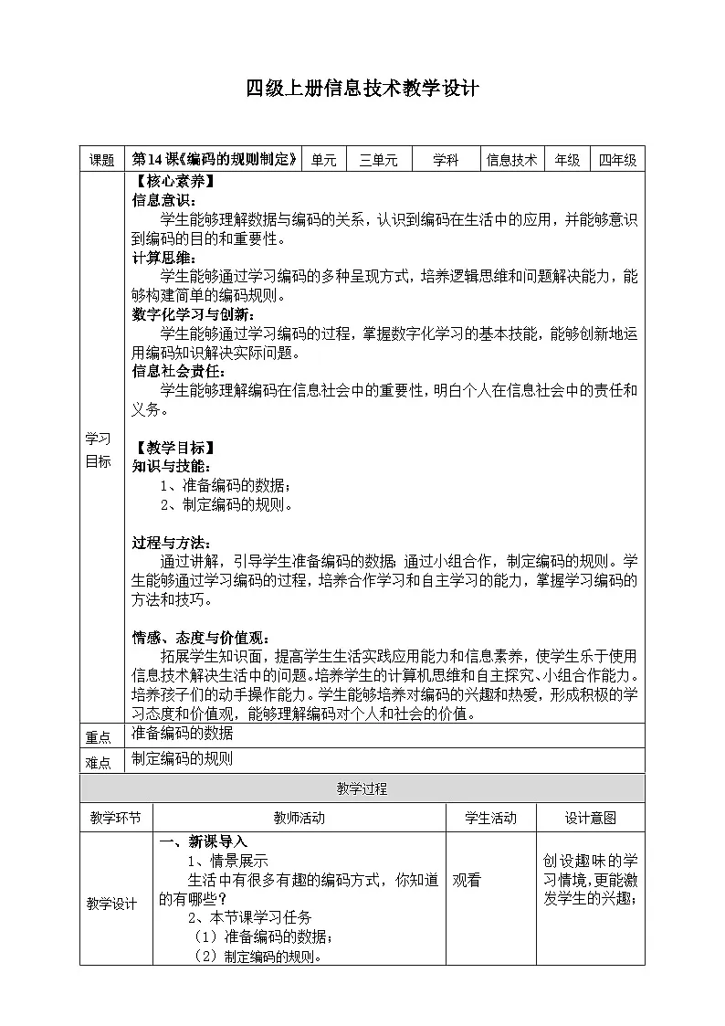 【核心素养目标】四年级上册信息技术第三单元第14课《编码的规则制定》浙教版2023 教案第1页