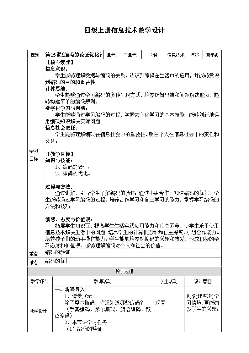 【核心素养目标】四年级上册信息技术第三单元第15课《编码的验证优化》浙教版2023 教案第1页