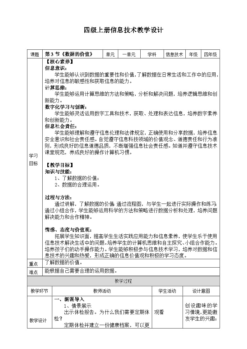 【核心素养目标】四年级上册信息技术第一单元第3课《数据的价值》浙教版2023 教案第1页