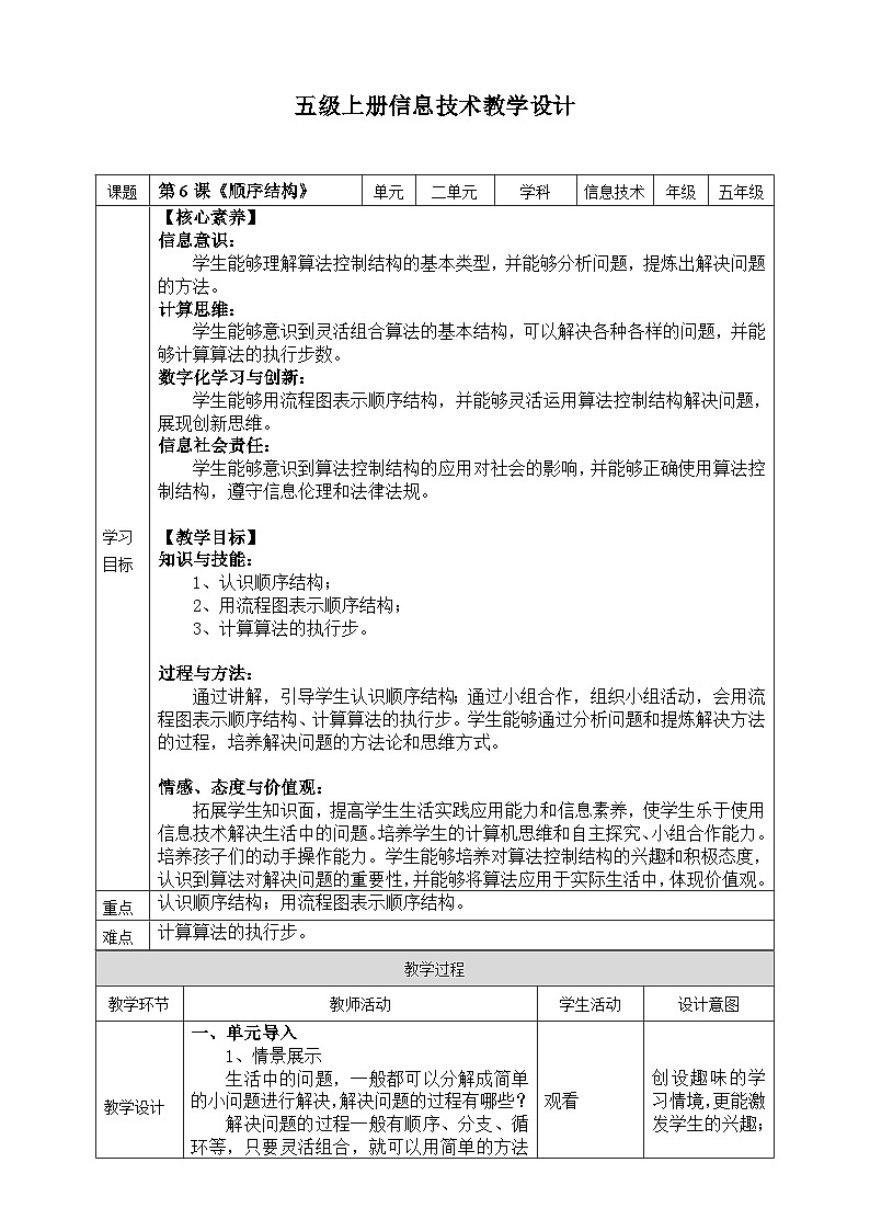 【核心素养目标】五年级上册信息技术第二单元第6课《顺序结构》浙教版2023 教案第1页