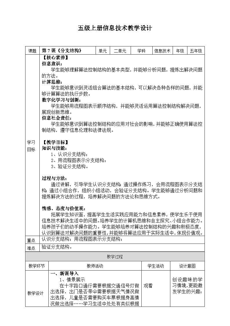 【核心素养目标】五年级上册信息技术第二单元第7课《分支结构》浙教版2023 教案第1页