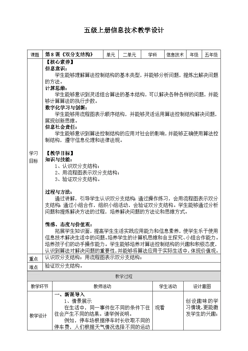 【核心素养目标】五年级上册信息技术第二单元第8课《双分支结构》浙教版2023 教案第1页