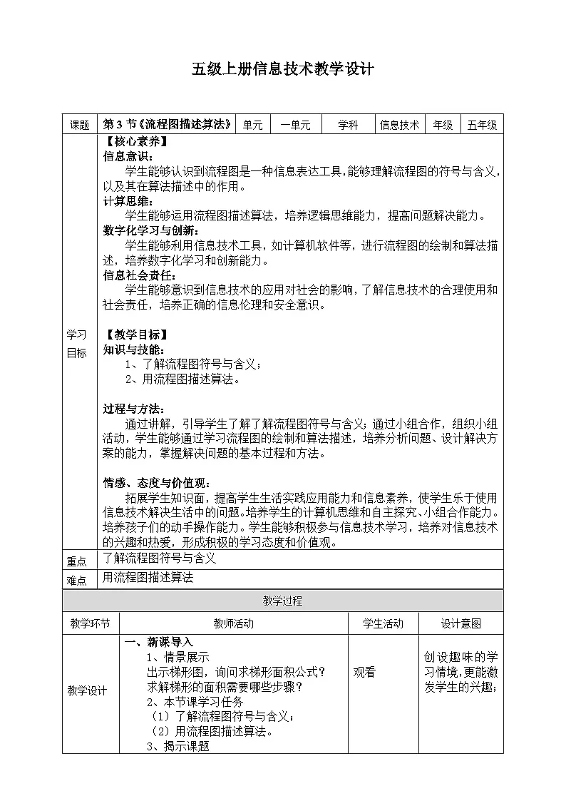 【核心素养目标】五年级上册信息技术第一单元第3课《流程图描述算法》浙教版2023 教案第1页