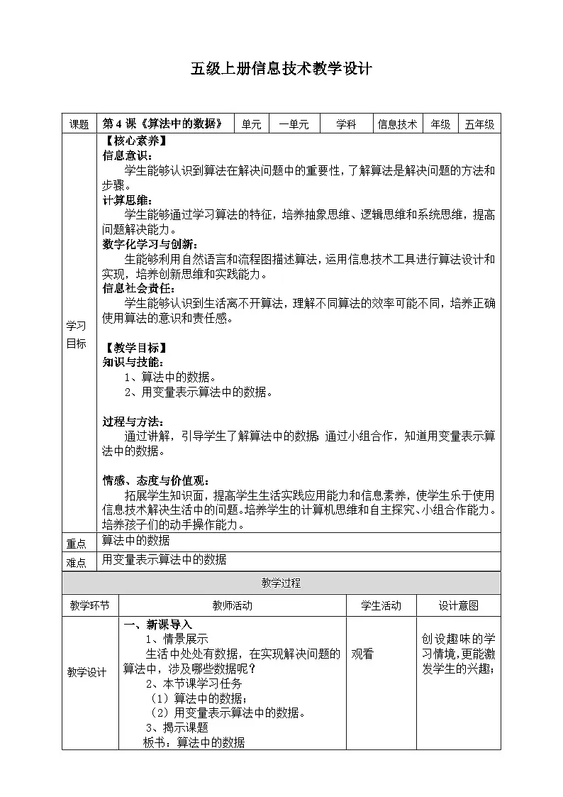 【核心素养目标】五年级上册信息技术第一单元第4课《算法中的数据》浙教版2023 教案第1页