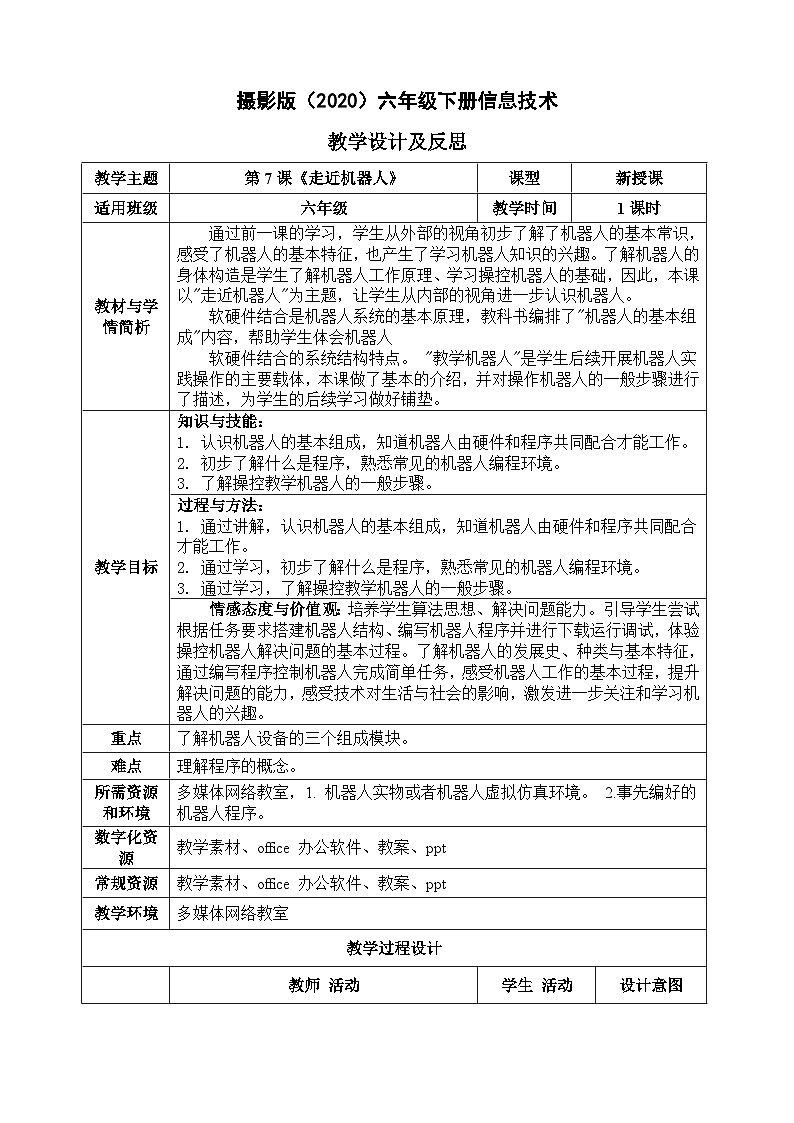 六年级下册信息技术-第二单元第7课《走近机器人》 浙江摄影版2020教案第1页