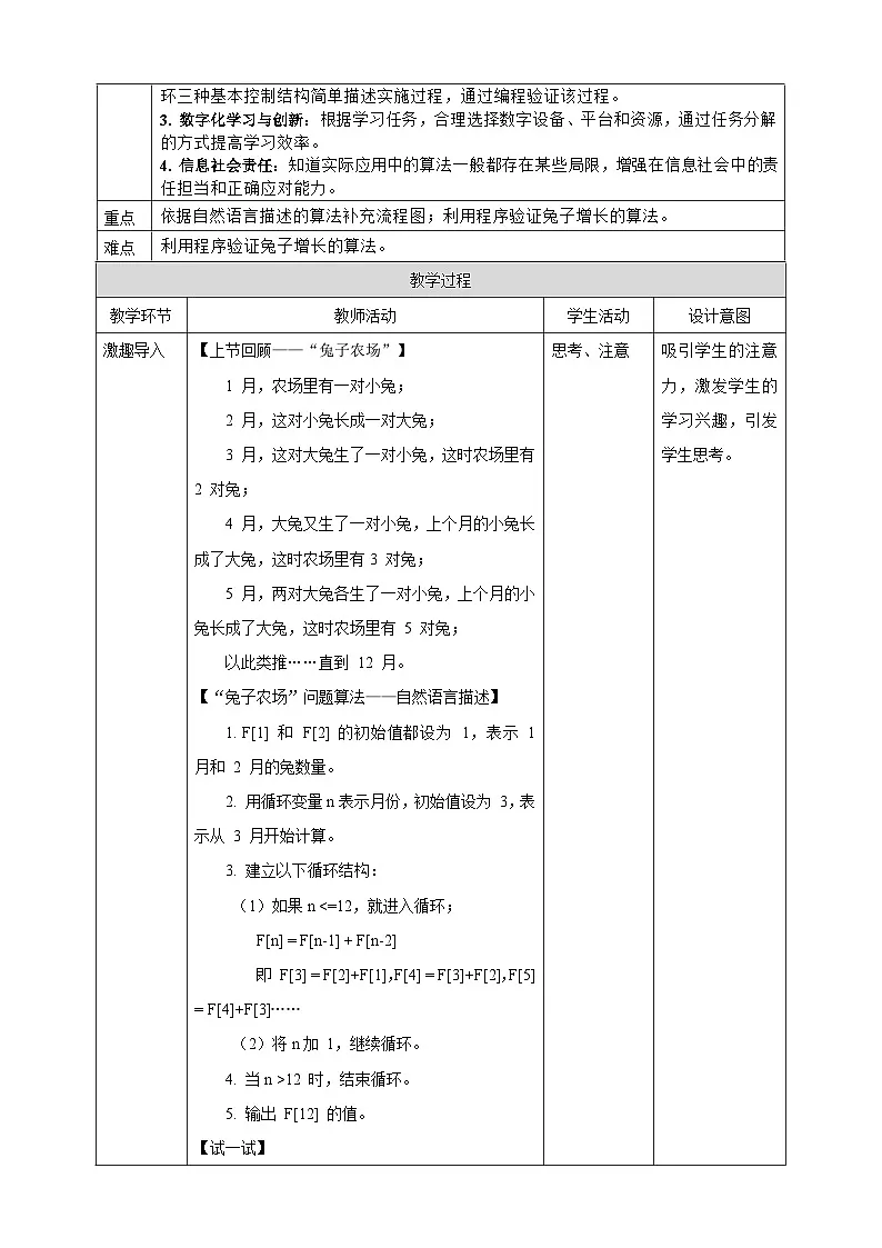 人教版（2024）信息技术五年级全一册第23课《兔子增长有规律（2）》教案第2页
