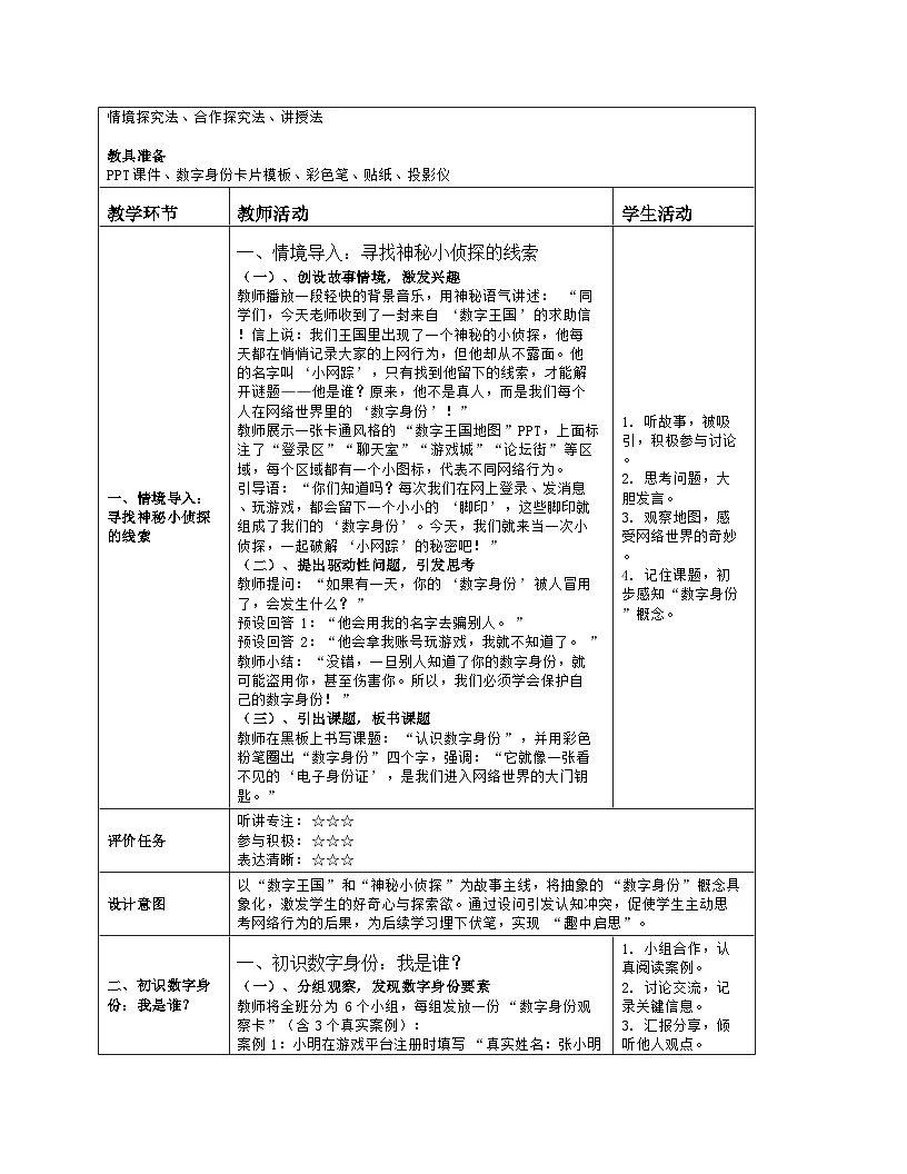 《第5单元 在线分享交流 19 认识数字身份》教学设计（表格版）-2025-2026学年人教版（2024）信息技术三年级全一册第2页