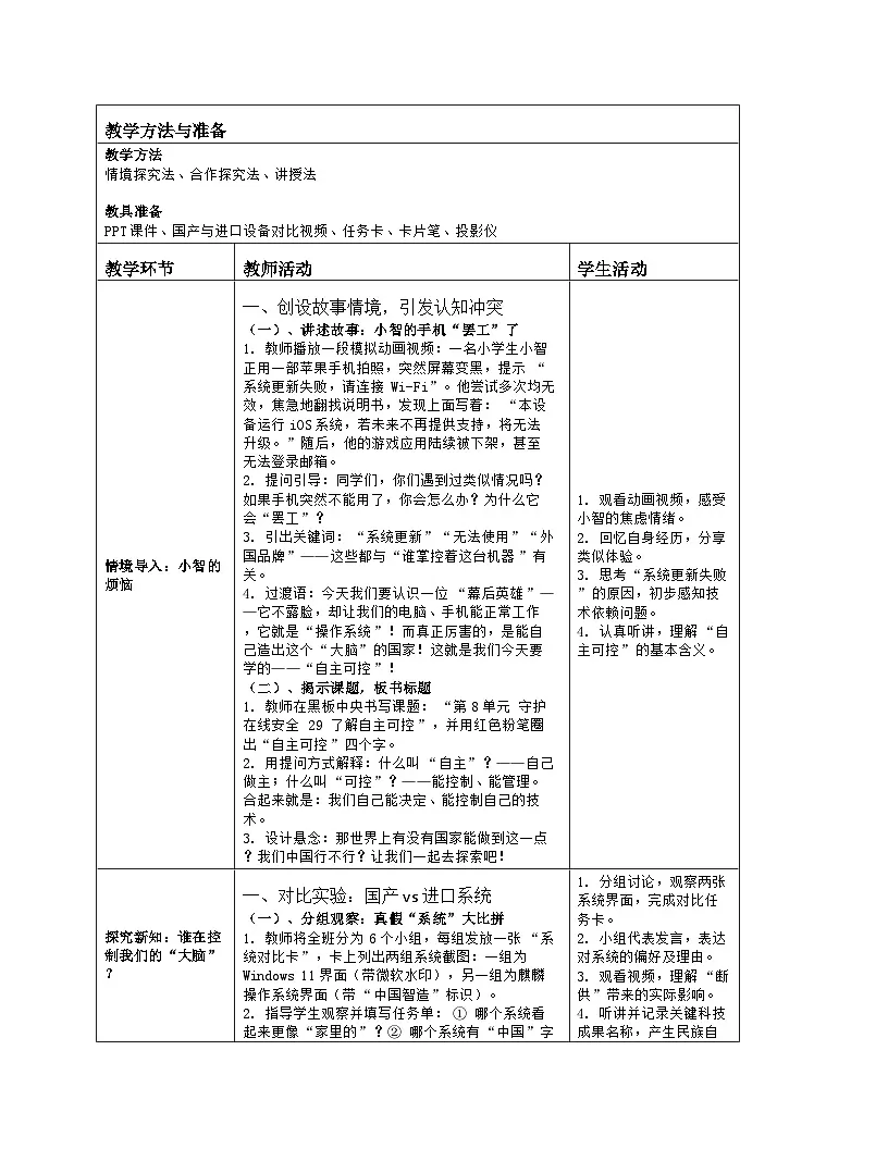 《第8单元 守护在线安全 29 了解自主可控》教学设计（表格版）-2025-2026学年人教版（2024）信息技术三年级全一册第2页