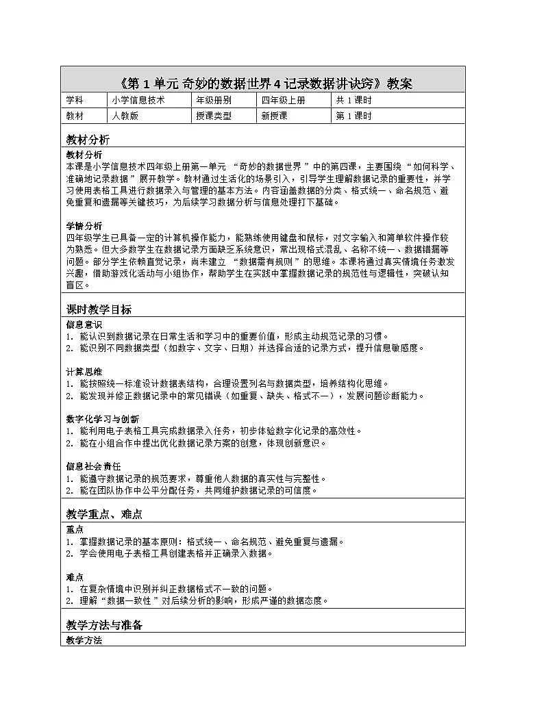 《第1单元 奇妙的数据世界 4 记录数据讲诀窍》教学设计-2025-2026学年人教版（2024）信息技术四年级全一册第1页