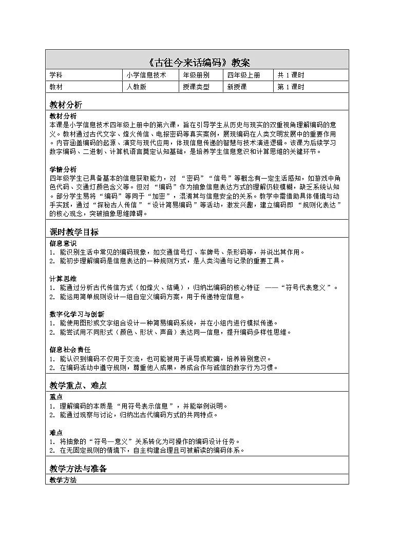 《第2单元 用编码描绘世界 6 古往今来话编码》教学设计-2025-2026学年人教版（2024）信息技术四年级全一册第1页