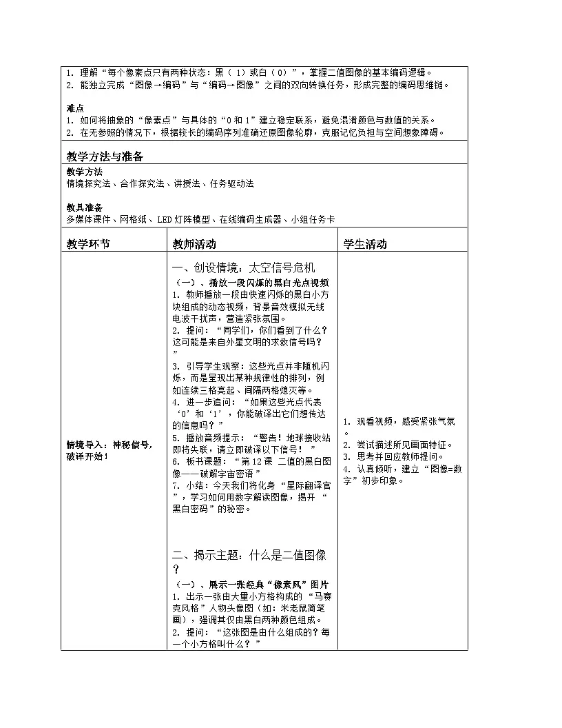 《第3单元 有趣的编码应用 12 二值的黑白图像》教学设计-2025-2026学年人教版（2024）信息技术四年级全一册第2页