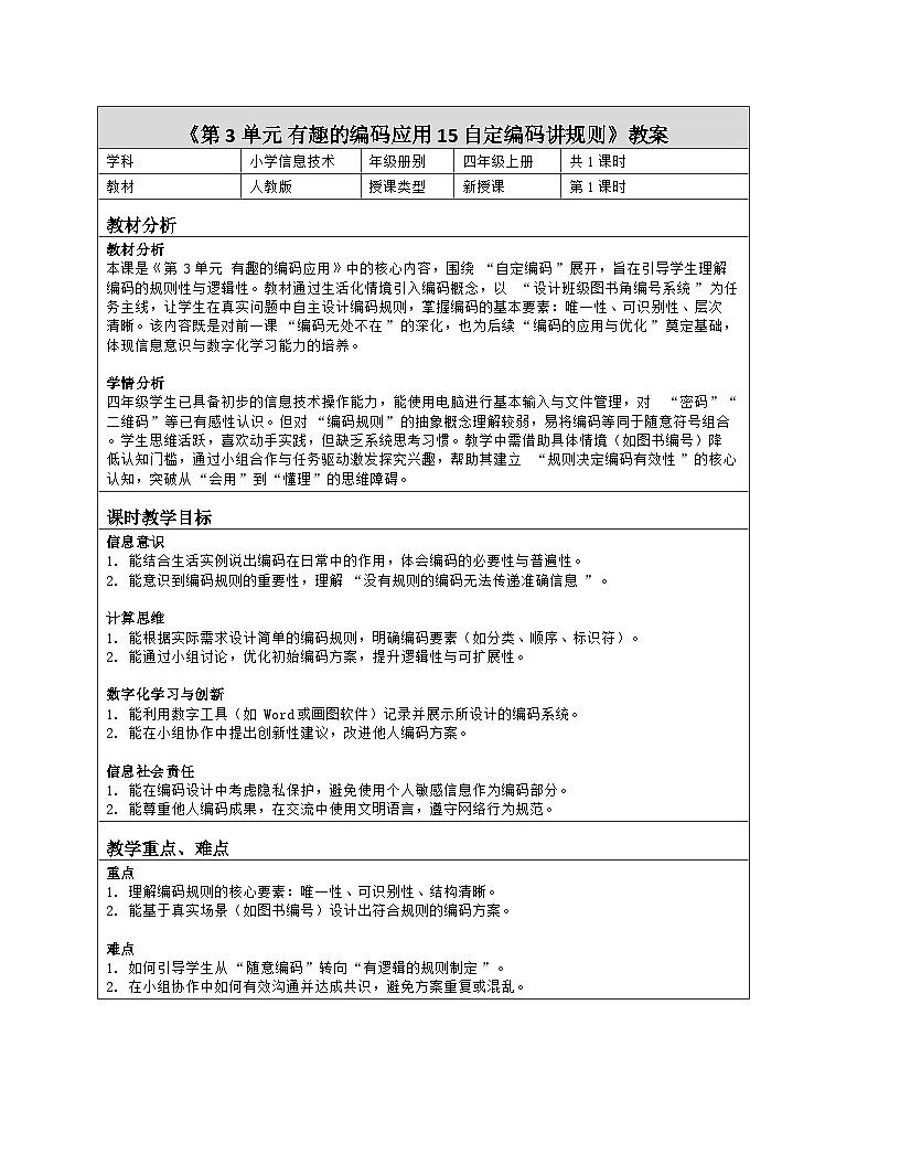 《第3单元 有趣的编码应用 15 自定编码讲规则》教学设计-2025-2026学年人教版（2024）信息技术四年级全一册第1页