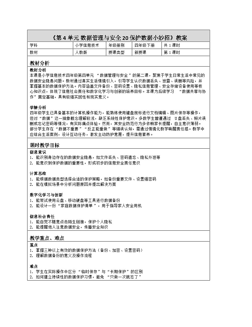 《第4单元 数据管理与安全 20 保护数据小妙招》教学设计-2025-2026学年人教版（2024）信息技术四年级全一册第1页