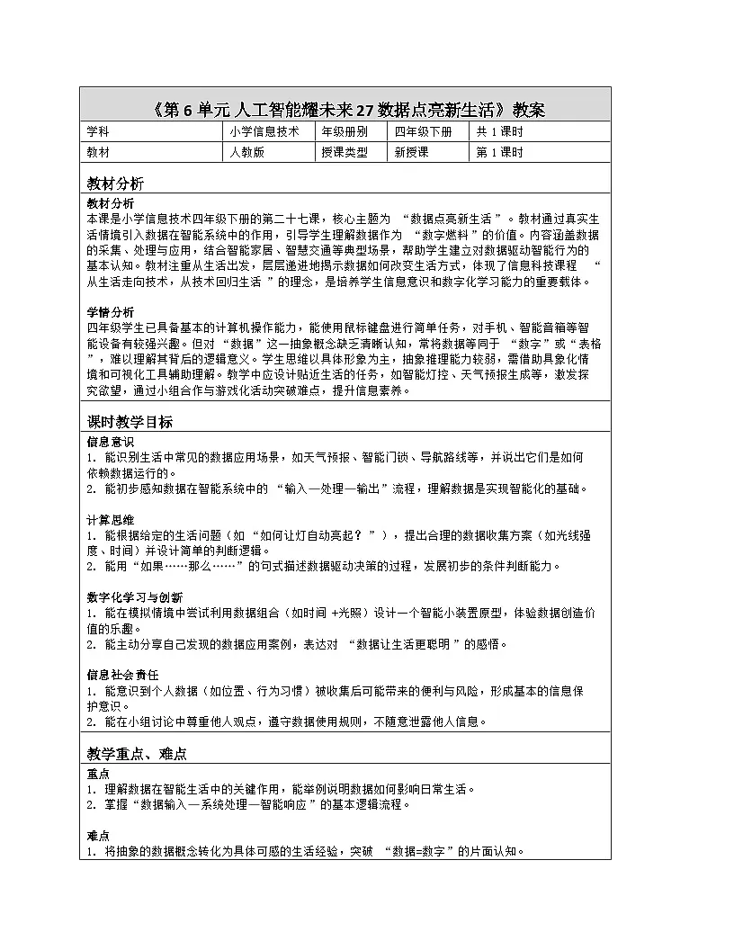 《第6单元 人工智能耀未来 27 数据点亮新生活》教学设计-2025-2026学年人教版（2024）信息技术四年级全一册第1页